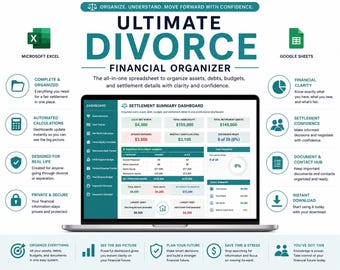 May include: A digital financial organizer spreadsheet titled Ultimate Divorce Financial Organizer displayed on a laptop screen. The interface features a settlement summary dashboard with teal and white sections, including asset inventory, debt tracker, and net worth calculator tools for tracking financial data.
