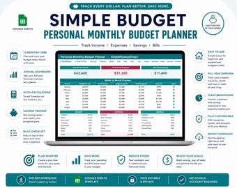 May include: A laptop displays a "Simple Budget Personal Monthly Budget Planner" spreadsheet. The screen shows income, expenses, and savings data. Text around the laptop highlights features like auto-calculations, savings trackers, and instant download.