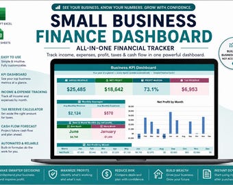 May include: A digital small business finance dashboard displayed on a laptop screen, featuring sections for gross revenue, net profit, profit margin, tax reserve, and monthly averages, with a bar chart showing net profit by month for the year.