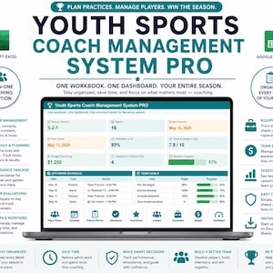 Könnte beinhalten: Ein digitales Youth Sports Coach Management System Pro Dashboard auf einem Laptop-Bildschirm. Die Benutzeroberfläche enthält Bereiche für Spielermanagement, Zeitpläne, Anwesenheit, Budgets und Teamziele sowie Symbole für Excel und Google Sheets.