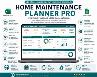 May include: A digital Home Maintenance Planner Pro dashboard displayed on a laptop screen, featuring sections for maintenance schedules, warranty tracking, repair logs, appliance inventory, and annual budgets, compatible with Microsoft Excel and Google Sheets.