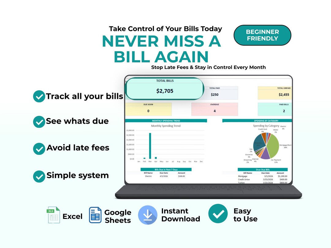 Never Miss a Bill Again | Simple Bill Tracker Spreadsheet | Monthly ...