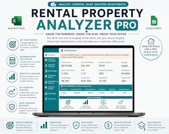 May include: A digital Rental Property Analyzer Pro dashboard displayed on a laptop screen. The interface shows financial metrics including purchase price, cash flow, cap rate, and exit summary. Icons for Microsoft Excel and Google Sheets are visible.
