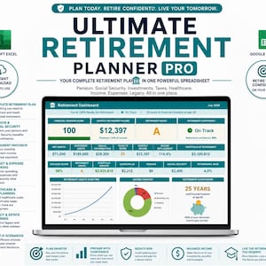 Può includere: Un foglio di calcolo digitale per la pianificazione pensionistica intitolato Ultimate Retirement Planner Pro visualizzato su uno schermo di un portatile. La dashboard mostra metriche finanziarie, un grafico a linee e uno a torta.