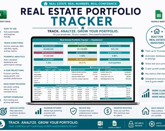 May include: A laptop screen displays a real estate portfolio tracker dashboard. The screen shows financial data, charts, and graphs. The text includes "Track, Analyze, Grow Your Portfolio" and "Real Estate Portfolio Tracker".