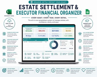 May include: A digital estate settlement and executor financial organizer spreadsheet system displayed on a laptop screen. The dashboard features sections for total assets, liabilities, net estate, funding expenses, upcoming tasks, and an asset summary pie chart.