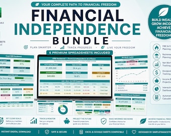 May include: A digital financial independence bundle featuring six premium spreadsheets compatible with Excel and Google Sheets. The display shows a central laptop screen with a FIRE dashboard, surrounded by various financial tracking charts, net worth trackers, and retirement planning tools in teal and white.