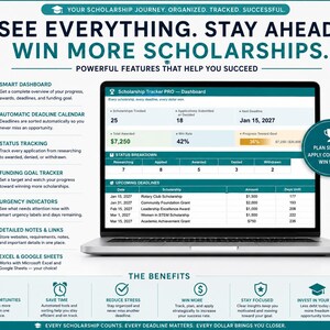 Może przedstawiać: Laptop wyświetlający pulpit nawigacyjny Scholarship Tracker PRO z danymi o śledzonych stypendiach, złożonych wnioskach, terminach i celach finansowania. Interfejs zawiera zestawienie status&oacute;w oraz listy funkcji.