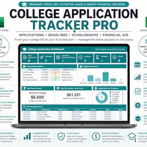 May include: A digital College Application Tracker Pro dashboard displayed on a laptop screen, featuring sections for applications, deadlines, scholarships, and financial aid. The interface includes charts, tables, and status summaries for tracking college admissions progress.