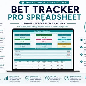 May include: A laptop screen shows a sports betting tracker spreadsheet with data and charts. The text reads "Bet Tracker Pro Spreadsheet" and highlights features such as "Track Every Bet" and "Analyse Performance".
