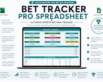 May include: A laptop displays a sports betting tracker spreadsheet. The screen shows data visualizations and key metrics. Text includes "Bet Tracker Pro Spreadsheet" and features like "Track Every Bet" and "Analyze Performance."