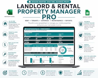 May include: A digital dashboard for Landlord & Rental Property Manager Pro displayed on a laptop screen, featuring sections for rent, tenants, expenses, maintenance, and reports, with icons for Microsoft Excel and Google Sheets integration.