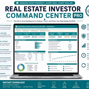 Peut inclure: Un tableau de bord numérique intitulé Real Estate Investor Command Center PRO affiché sur un écran d'ordinateur portable. L'interface présente des données financières, des indicateurs de portefeuille, des graphiques et des outils d'analyse.