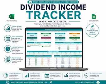 May include: A digital dividend income tracker dashboard displayed on a laptop screen. The interface features sections for portfolio value, monthly income, yield on cost, and income projections. Icons for Microsoft Excel and Google Sheets are visible.