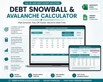 May include: A digital debt payoff calculator displayed on a laptop and tablet. The calculator, titled "Debt Snowball & Avalanche Calculator," helps users plan, pay off debt faster, and become debt-free. Features include auto payoff plan and clear dashboard.