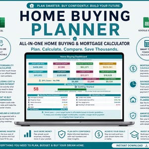 May include: A digital home buying planner displayed on a laptop screen, featuring a dashboard with mortgage calculators, affordability metrics, and financial charts. The interface includes sections for monthly payments, closing costs, and savings goals.