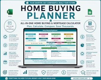 May include: A digital home buying planner displayed on a laptop screen, featuring a dashboard with mortgage calculators, affordability metrics, and financial charts. The interface includes sections for monthly payments, closing costs, and savings goals.