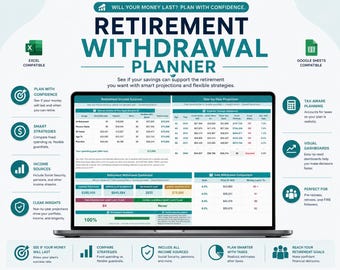 May include: A digital retirement withdrawal planner displayed on a laptop screen, featuring tables for income sources, year-by-year projections, and a dashboard. The interface includes text such as Retirement Withdrawal Planner, Excel Compatible, and Google Sheets Compatible.