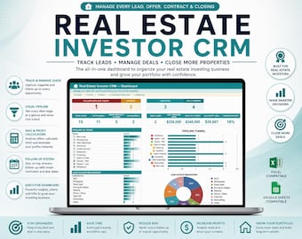 May include: A digital dashboard titled Real Estate Investor CRM displayed on a laptop screen, featuring data tables, a pipeline funnel chart, and a lead source pie chart. The interface includes sections for tracking leads, managing deals, and calculating profits.