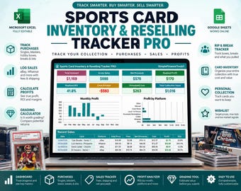 May include: A digital sports card inventory and reselling tracker displayed on a laptop screen, featuring data tables for monthly profit, profit by platform, and recent sales, surrounded by icons for tracking purchases, sales, and grading.