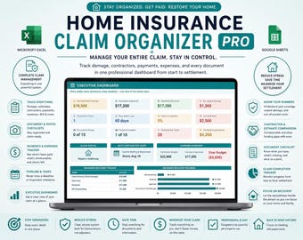 May include: A digital Home Insurance Claim Organizer Pro dashboard displayed on a laptop screen. The interface features sections for tracking damage, contractor payments, expenses, and claim status with charts, tables, and icons for Excel and Google Sheets.