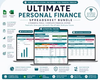 May include: Ultimate Personal Finance Spreadsheet Bundle graphic. Includes Net Worth Tracker, Ultimate Bill Tracker, and Debt Snowball Calculator. Compatible with Google Sheets and Microsoft Excel. Features include bill tracking, debt payoff, and financial overview.