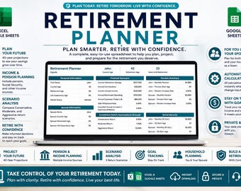 May include: A laptop displays a retirement planner spreadsheet with financial data. The image includes icons for Excel & Google Sheets, income planning, scenario analysis, and goal tracking. Text reads "Retirement Planner" and "Plan Smarter. Retire with Confidence."