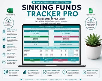 May include: A digital Sinking Funds Tracker Pro dashboard displayed on a laptop screen, featuring financial data tables, progress bars, and goal summaries. The interface includes sections for total savings, monthly contributions, and fund status, with teal and white accents.