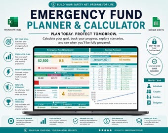 May include: A digital emergency fund planner and calculator displayed on a laptop screen, featuring a dashboard with savings forecasts, progress tracking, and milestone charts. The interface includes text labels for goal setting, scenario planning, and financial tracking tools.