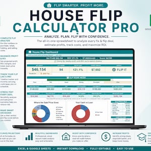 May include: A digital House Flip Calculator Pro spreadsheet displayed on a laptop screen. The interface features a House Flip Dashboard with financial metrics, a flip score meter, pie charts, and data tables for analyzing real estate deals.