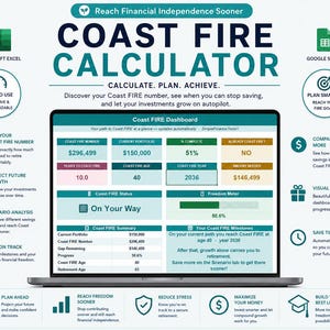May include: A digital Coast FIRE calculator dashboard displayed on a laptop screen. The interface features teal and white sections with data fields for portfolio value, Coast FIRE number, progress percentages, and milestone projections.