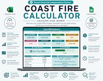 May include: A digital Coast FIRE calculator dashboard displayed on a laptop screen. The interface features teal and white sections with data fields for portfolio value, Coast FIRE number, progress percentages, and milestone projections.