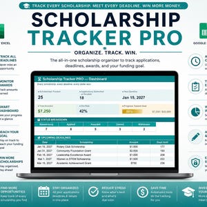 Może przedstawiać: Ekran laptopa z pulpitem nawigacyjnym Scholarship Tracker Pro, zawierający sekcje dotyczące śledzonych stypendi&oacute;w, złożonych wniosk&oacute;w, najbliższego terminu, łącznej kwoty, wskaźnika sukcesu, podziału statusu i nadchodzących termin&oacute;w.
