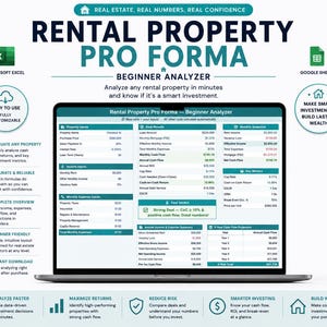 May include: A laptop screen displays a "Rental Property Pro Forma" spreadsheet, designed for real estate investment analysis. The image includes icons for Microsoft Excel and Google Sheets, along with text highlighting features like cash flow analysis and investment metrics.