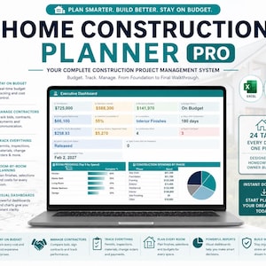 Puede incluir: Un sistema digital de planificación de construcción de viviendas pro en una pantalla de portátil, con un panel ejecutivo que muestra seguimiento de presupuesto, gráficos de progreso y datos de gastos de construcción.