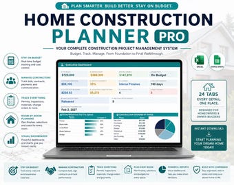 May include: A digital home construction planner pro system displayed on a laptop screen, featuring an executive dashboard with budget tracking, room progress charts, and construction spending data. Includes icons for Excel and Google Sheets.
