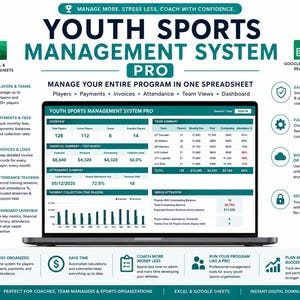 May include: A digital Youth Sports Management System Pro spreadsheet displayed on a laptop screen. The interface includes sections for player overview, financial summaries, team statistics, attendance tracking, and payment collection logs.