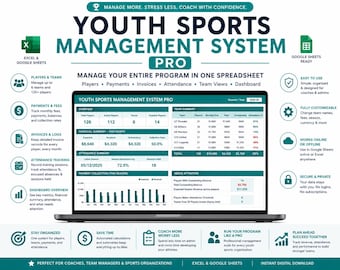 May include: A digital Youth Sports Management System Pro spreadsheet displayed on a laptop screen. The interface includes sections for player overview, financial summaries, team statistics, attendance tracking, and payment collection logs.