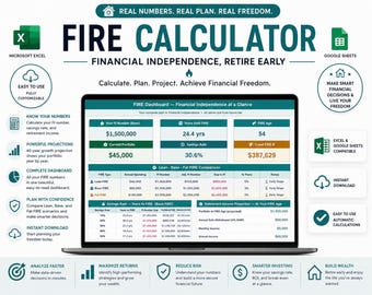May include: A digital FIRE calculator dashboard displayed on a laptop screen, featuring financial metrics like FI number, savings rate, and retirement projections. The interface includes tables and charts for tracking financial independence goals.