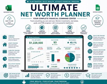 Könnte beinhalten: Ein digitales Finanzplanungs-Dashboard mit dem Titel Ultimate Net Worth Planner auf einem Laptop-Bildschirm. Die Benutzeroberfläche zeigt ein Gesamtvermögen von 1.228.500 $, einen Gesundheitswert von 93 und einen FIRE-Fortschritt von 40,1 % sowie Diagramme.