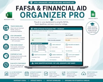 Może przedstawiać: Cyfrowy pulpit nawigacyjny FAFSA and Financial Aid Organizer Pro wyświetlony na ekranie laptopa. Interfejs zawiera sekcje do śledzenia terminów, listę kontrolną FAFSA, stypendia oraz podsumowania kosztów, wraz z ikonami Microsoft Excel i Google Sheets.