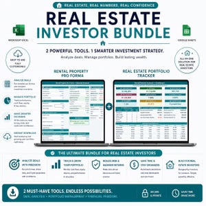 Puede incluir: Gráfico promocional para un paquete de inversores inmobiliarios. La imagen presenta dos portátiles que muestran datos financieros, con el texto "Real Estate Investor Bundle" en la parte superior. El paquete incluye herramientas para el análisis de acuerdos, la gestión de carteras y la libertad financiera.
