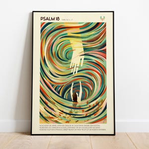 May include: Framed art print featuring a colorful abstract design with swirling lines in shades of green, red, and yellow. The artwork depicts a hand reaching down to a figure in water, with the text "PSALM 18" at the top.