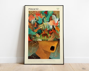 May include: A colorful abstract illustration of a person with a distressed, distressed, and overwhelmed expression. The person's head is filled with a chaotic mix of images and text. The text reads "PSALM 42:6" and "WAT BEN JE BEDROOM, MIJN ZIEL, EN ONRUSTIG IN MIJ. VESTIG JE HOOP OP GOD. EENS ZAL JE HEM WEER LOVEN. MIJN GOD DIE MIJ ZIET EN REDT."