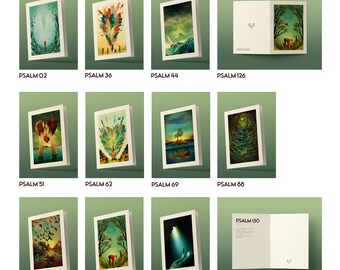 May include: A set of 12 illustrated cards featuring different scenes and verses from the book of Psalms. Each card has a white frame and is set against a green background.