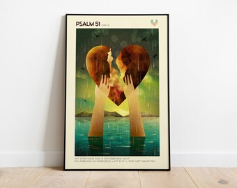 May include: A poster with a broken heart in the center, surrounded by a dark green and blue background. The heart is being held by two hands, and the text "PSALM 51 VERS 17" is at the top. The text at the bottom reads "HET OFFER VOOR GOD IS EEN GEBROKEN GEEST. EEN GEBROKEN EN VERBRIEZELD HART ZULT U GOD NIET VERACHTEN."