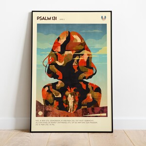 Könnte beinhalten: Gerahmter Kunstdruck mit einer stilisierten Silhouette einer Person mit herzförmigem Design. Das Kunstwerk verwendet eine Farbpalette aus Orange, Braun und Blau. Der Text "PSALM 131" steht oben, mit zusätzlichem Text unten.