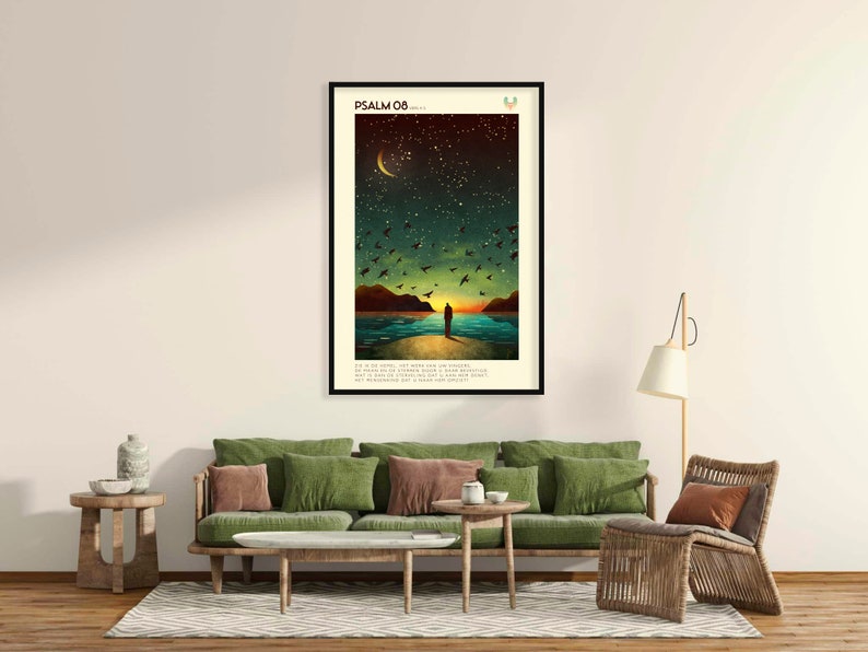 May include: A framed print featuring a colourful illustration of a person standing on a beach at sunset. The sky is filled with stars and a crescent moon. The print includes the text "PSALM 08..." and a verse from the Bible.