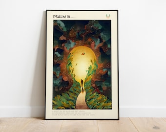 May include: A poster with a colorful abstract design featuring a person walking towards a bright light. The poster has the text "PSALM 16" and "UWIST MU DE WEG VAN HET LEVEN OVERVLOEDIGE VREUGDE IN UW NABIJHEID VOOR ALTIJD EEN LIEFLIKE PLEK AAN UW ZIJDE".
