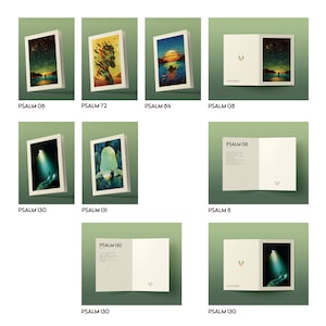 May include: A collection of greeting cards with various landscape illustrations. Each card features a unique artwork, including scenes of sunsets, starry nights, and figures in nature. The text "PSALM" followed by a number is printed on each card.